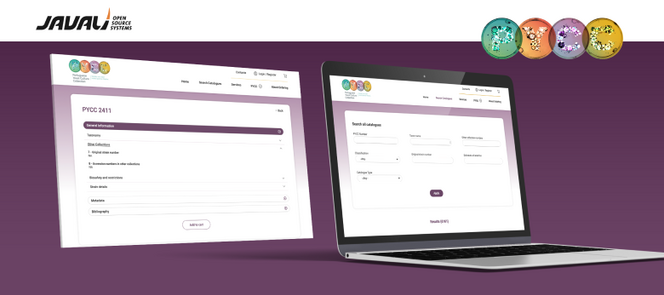 Logotipo da JAVALI e do PYCC, fundo rouxo, um ecran a apresentar o detalhe de uma bateria e outro ecran integrado num portatil a apresentar a pesquisa