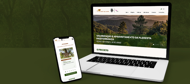 fundo verde, e um telemovel e um portátil em destaque a apresentar o website da floresta