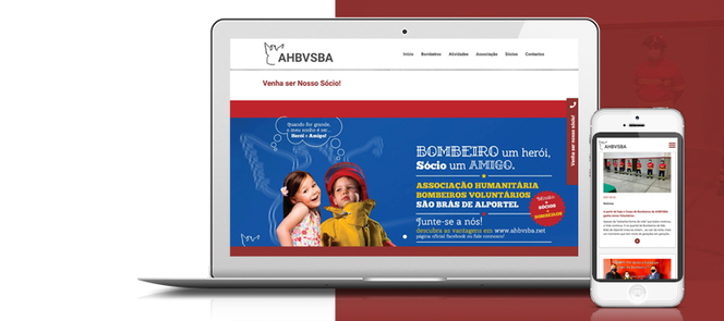 Fundo dividido num tom branco e vermelho, com um computador e um telemóvel a apresentar o website da associação de bombeiros
