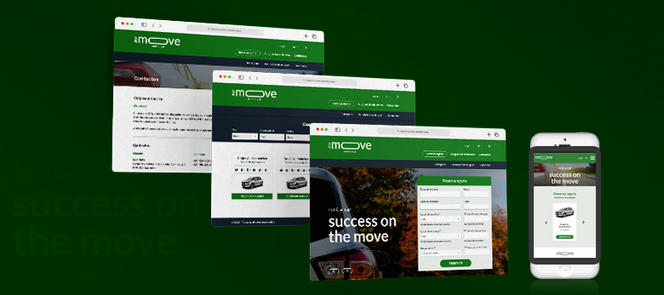3 ecrans em linha a apresentar o website da SWMOVE e um telemóvel a apresentar a frota da empresa