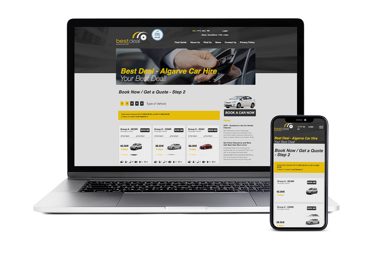 Mockup desktop e mobile com a plataforma da Best Deal Car Hire com o JAVALI CHS