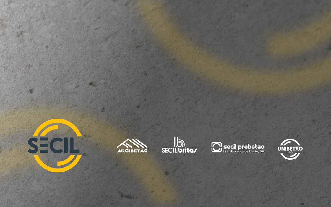 fundo com textura de cimento, 4 logotipos a representar as empresas do grupo secil