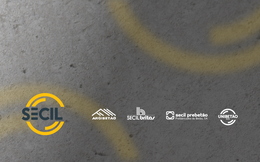 fundo com textura de cimento, 4 logotipos a representar as empresas do grupo secil